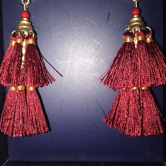 C&C California Rhinestone Burgundy Red Tassel Drop Earrings - Picture 3 of 6